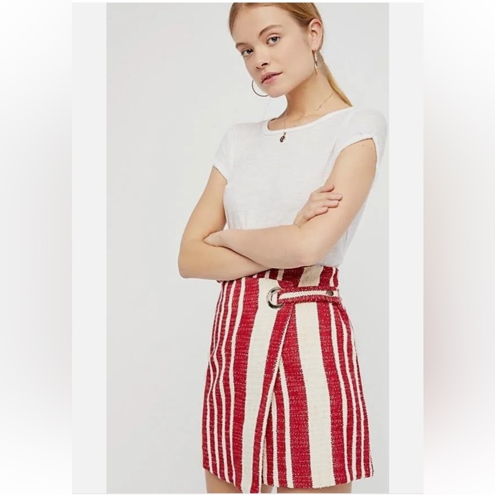 Free People "It's A Wrap" Striped Tweed Mini Skirt Size M Medium Red Cream
